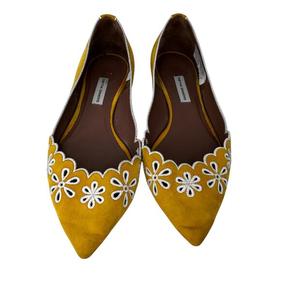 Tabitha Simmons Suede Embroidered Eyelet Flat 39 Gold Mustard 9 - Picture 6 of 12
